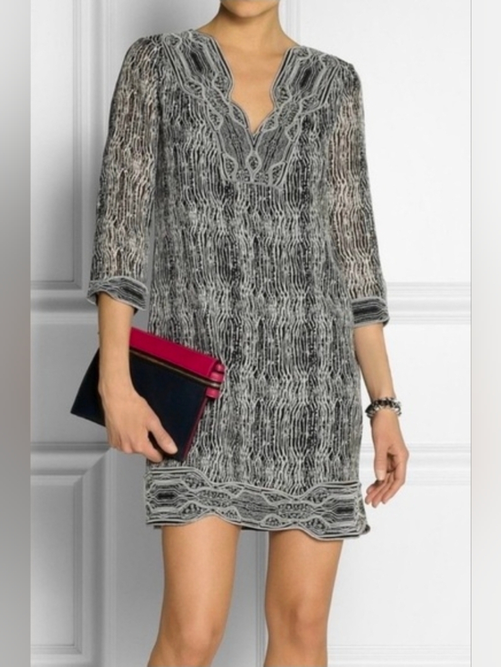 Diane Von Furstenberg Lexie Black Gray Embroidered Black Gray Dress Size 4​